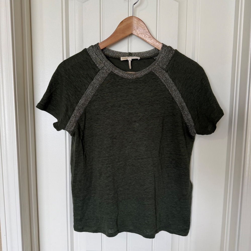 Maje Top Women Size 1 Olive Green‎ Excellent Metallic Trim Linen Raglan Tee - Picture 2 of 7